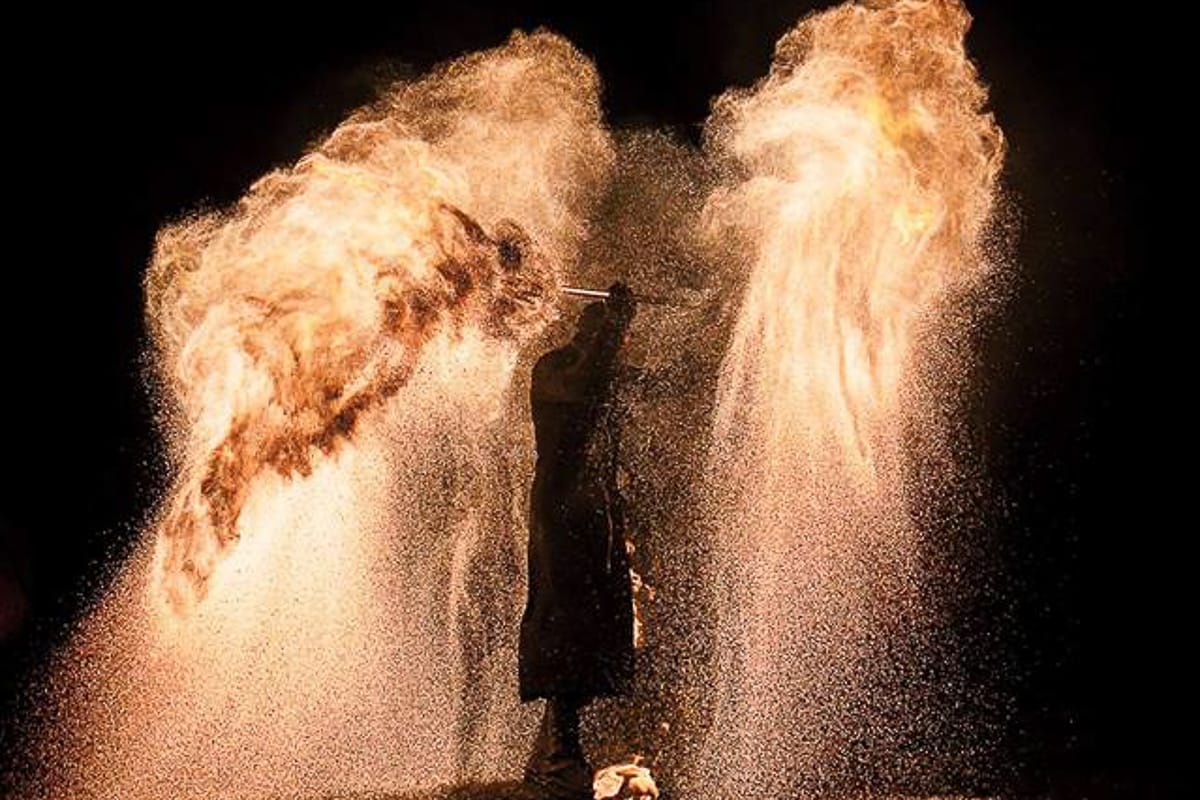 Animation médiévale avec jonglerie de feu et cracheur de flammes lors d'un festival en Normandie.